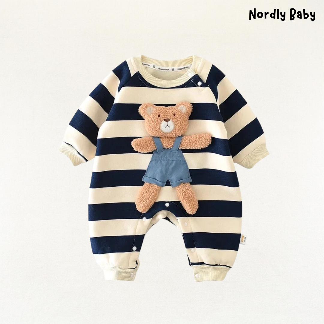 Comfy Bear - Baby striped bear romper with fleece lining