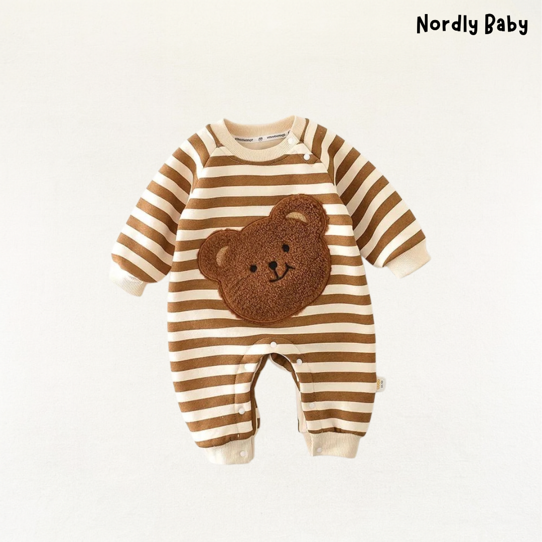 Comfy Bear - Baby striped bear romper with fleece lining