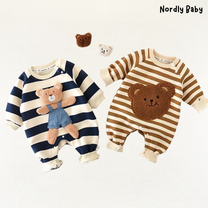 Comfy Bear - Baby striped bear romper with fleece lining