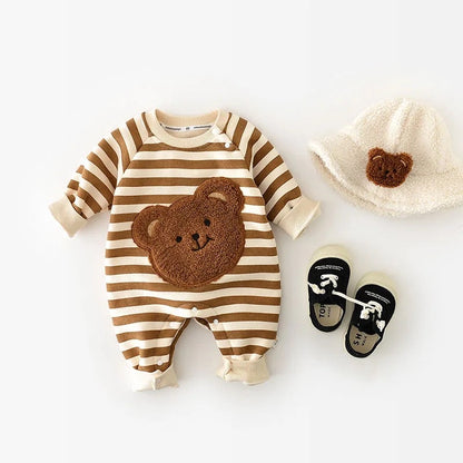 Comfy Bear - Baby striped bear romper with fleece lining