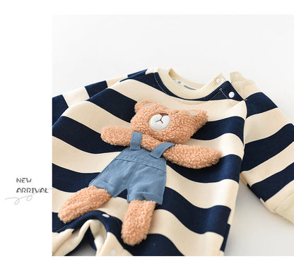 Comfy Bear - Baby striped bear romper with fleece lining