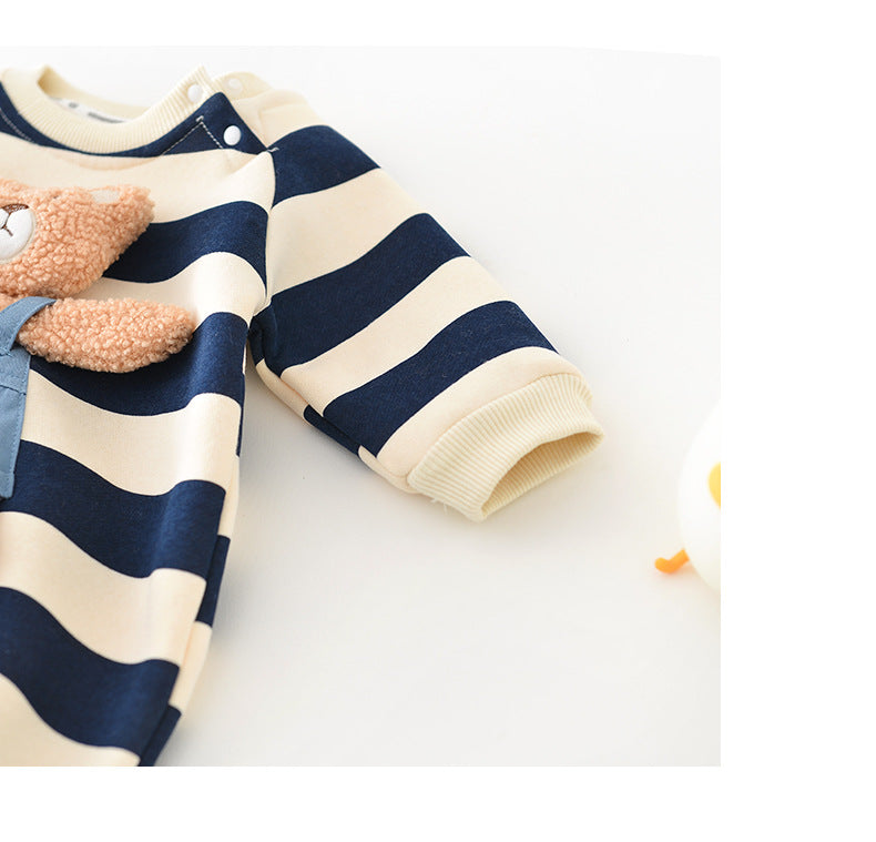 Comfy Bear - Baby striped bear romper with fleece lining
